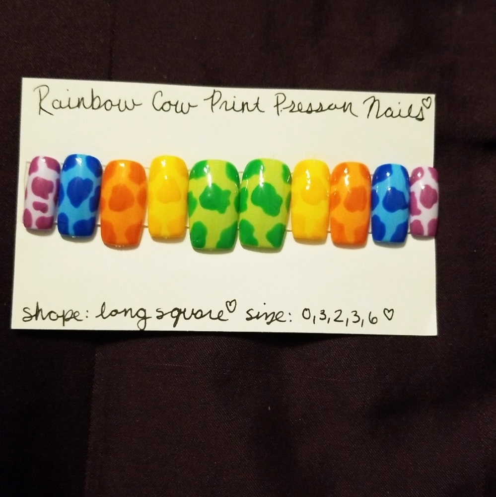 Rainbow cow print press on nails